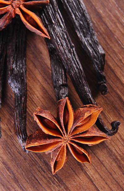 istock Closeup of star anise and fragrant vanilla 628246946