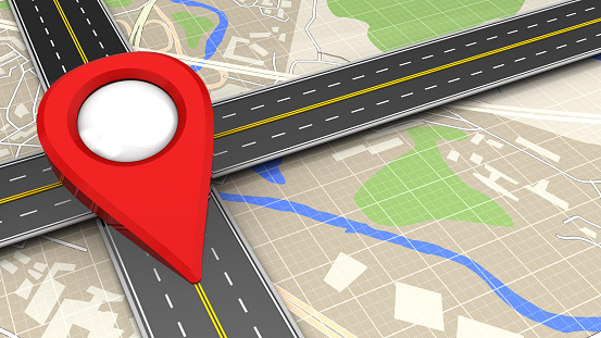 3d illustration of roads cross and red gps point