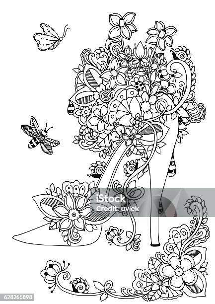 Vector Illustration Women S Shoes With Flowers And Floral Doodle Stock Illustration - Download Image Now