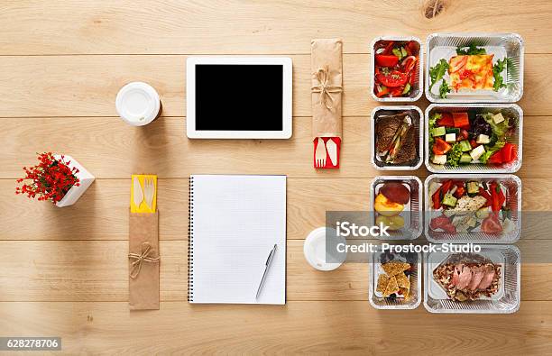 Healthy Food Take Away In Boxes Top View At Wood Stock Photo - Download Image Now - Meal, Planning, Healthy Eating