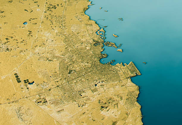 Doha 3D Landscape View South-North Natural Color 3D Render of a Topographic Map of Doha, Qatar, Middle East. qatar map stock pictures, royalty-free photos & images