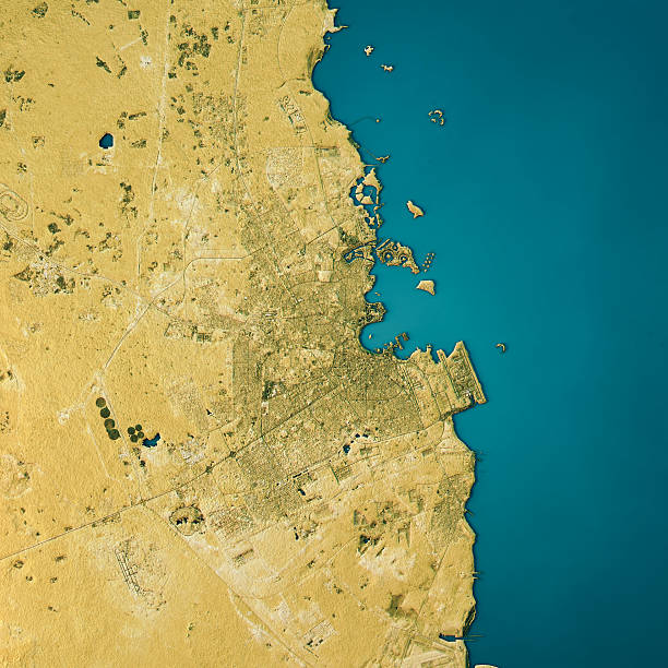 istock Doha Topographic Map Natural Color Top View 628279948