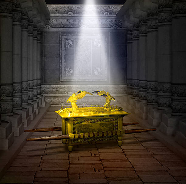 Ark of the Covenant 3D illustration of the Ark of the Covenant inside the Holy Temple illuminated by a shaft of light from heaven. noahs ark stock pictures, royalty-free photos & images