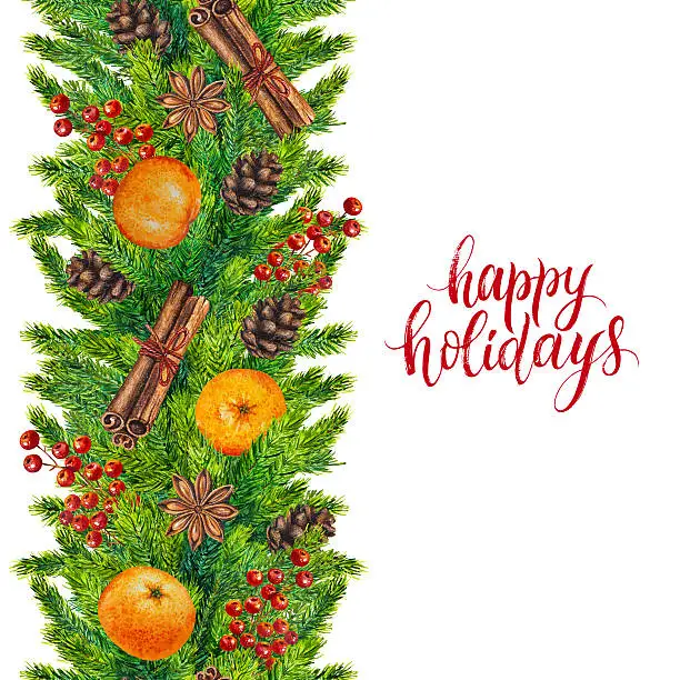 Happy holidays text with watercolor seamless border of fir branches, cones and red berries, christmas text on watercolour xmas background for greeting card, paper, poster, print, invitation