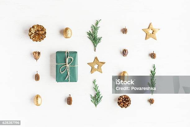 Gift Christmas Decoration Cypress Branches Pine Cones Flat Lay Stock Photo - Download Image Now