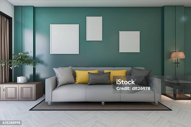 3d Rendering Vintage Green Living Room With Sofa And Picture Stock Photo - Download Image Now