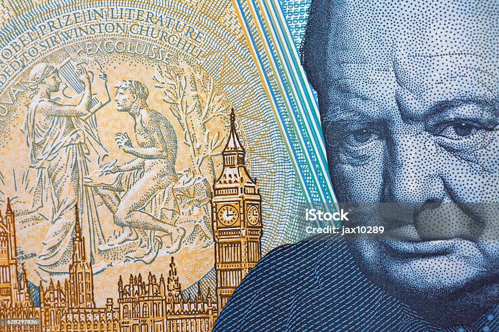Five Pound Note Close up of the new water proof polymer five pound note, showing the head of Sir Winston Churchill on the reverse side. Winston Churchill - Prime Minister Stock Photo