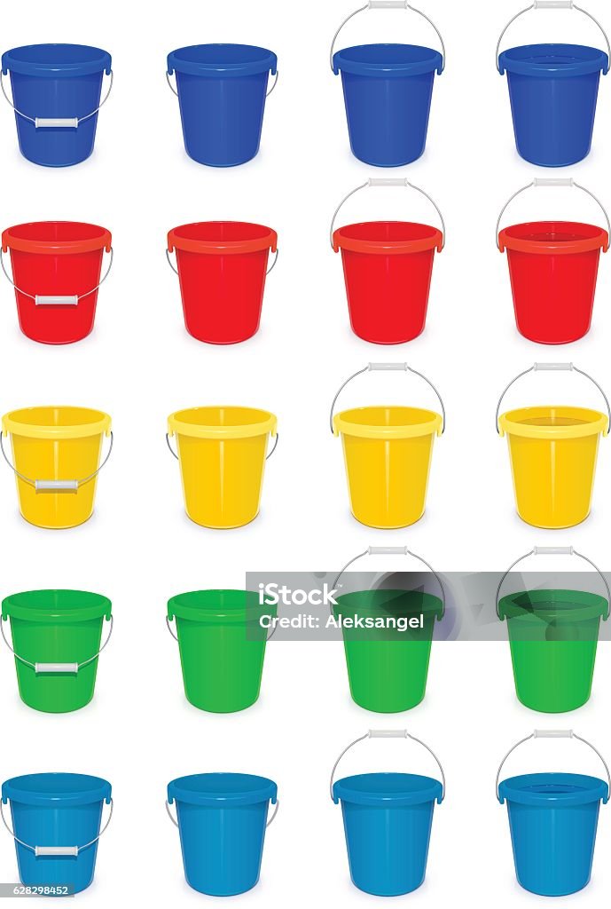 Blue plastic empty bucket with handle for cleaning and housekeeping. Blue plastic empty bucket with handle. Tool for cleaning and housekeeping. Instrument working. Vector illustration. Set. Transparent objects used lights shadows drawing Aspirations stock vector