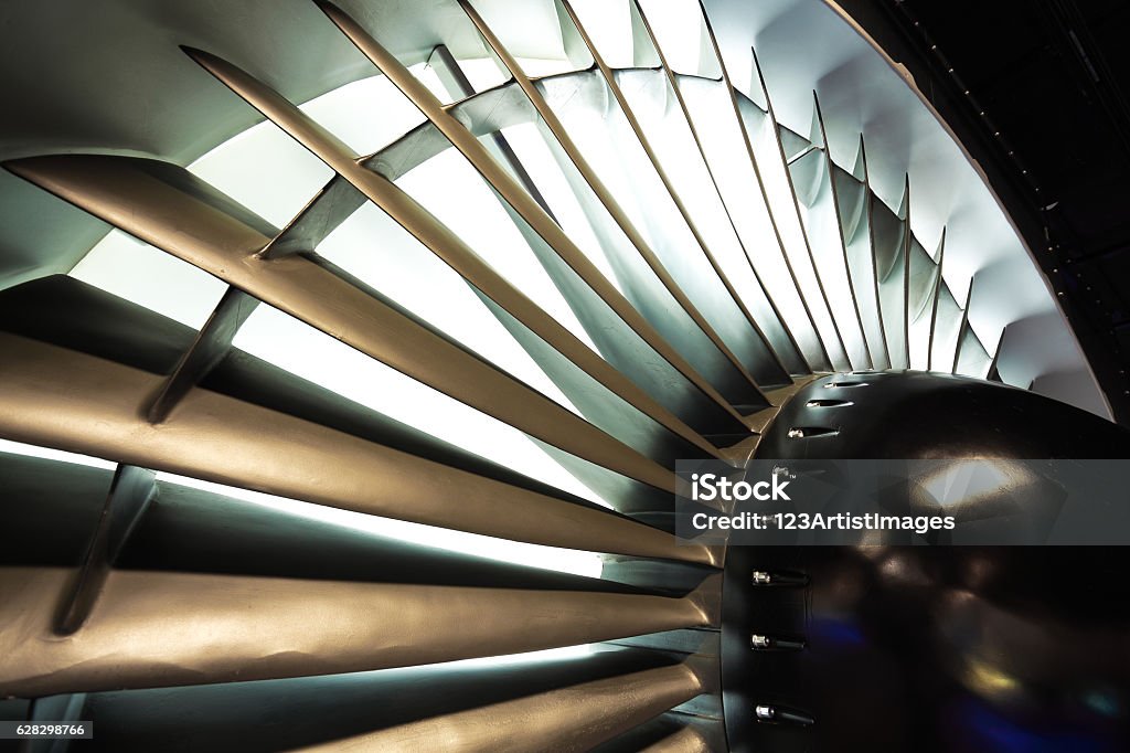 Jet engine turbine blade airplane of background Turbo-jet engine of the plane on close up Aerospace Industry Stock Photo