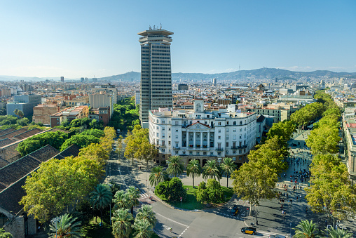 Triumphal Arch of Victory or Arco de la Victoria, built at Moncloa square over Madrid, Spain view from above