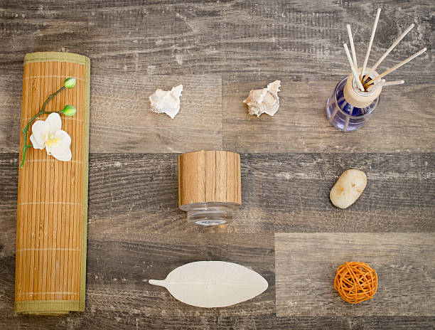 istock Flat lay - wellness products on a surface of wood 628306504