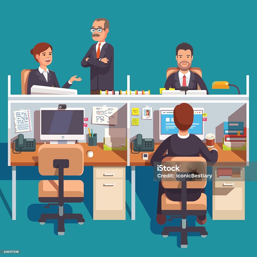 Espace de travail de bureau cabine avec employés - clipart vectoriel de Cloison mobile libre de droits