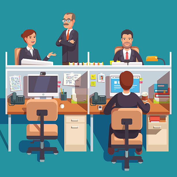 Cubicle office work space with employees Cubicle office work space with employees at the desks. Flat style modern vector illustration. corporate office cubicle stock illustrations