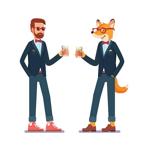 Hipster fox and man standing in their fancy suits Hipster fox and man standing in their fancy suits and drinking coffee. Flat style modern vector illustration. background of the cool guy wearing sunglasses stock illustrations