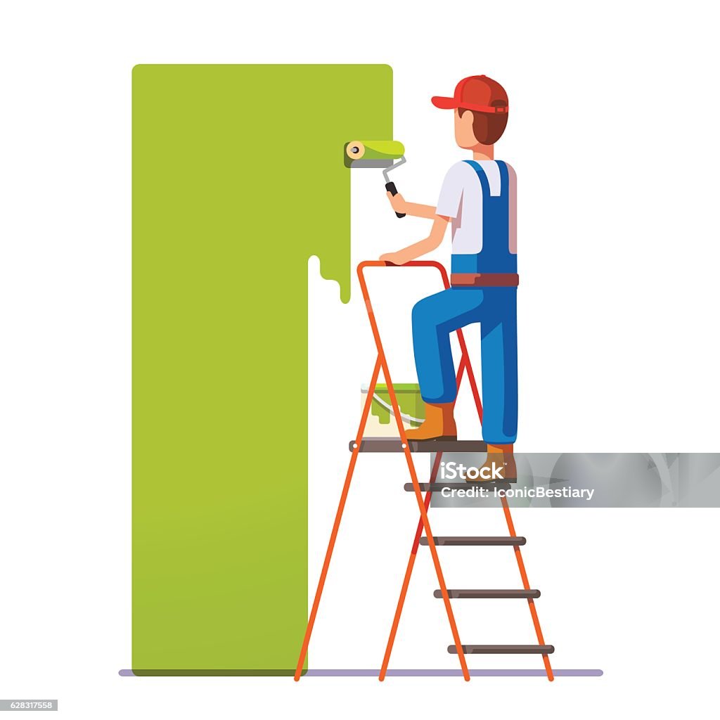 Craftsman painting white wall with roller Craftsman painting white wall with roller green paint. Flat style modern vector illustration. Painting - Activity stock vector