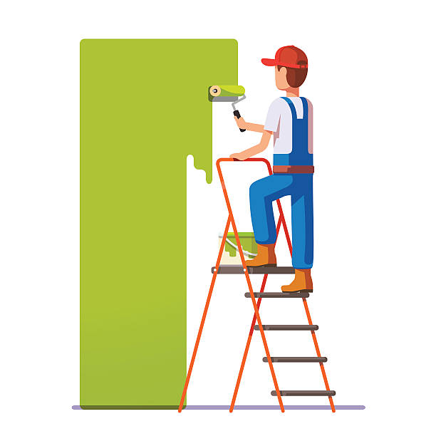 Craftsman painting white wall with roller Craftsman painting white wall with roller green paint. Flat style modern vector illustration. painter stock illustrations