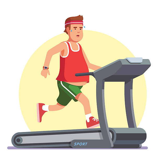 übergewichtiger junger mann läuft auf laufband - treadmill gym isolated running stock-grafiken, -clipart, -cartoons und -symbole