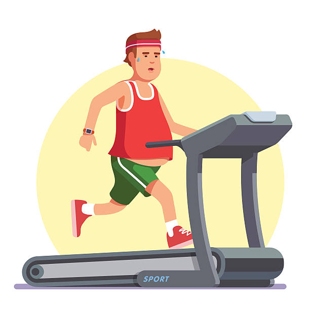 ilustraciones, imágenes clip art, dibujos animados e iconos de stock de joven obeso corriendo en cinta de correr - white background looking caucasian one person