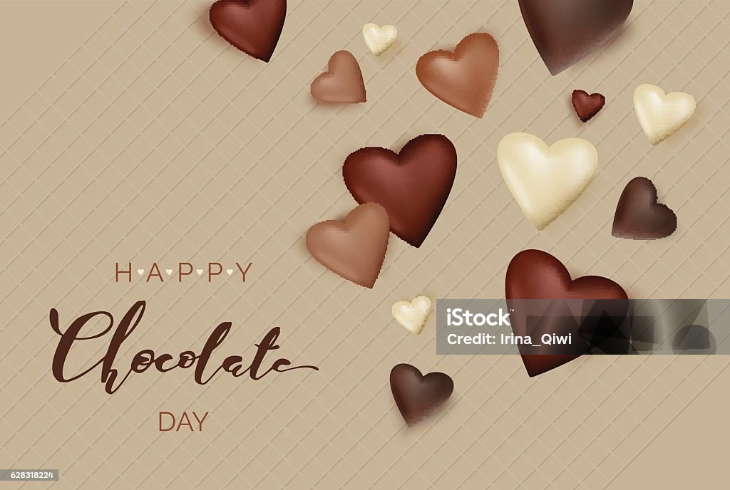 Czekoladowe serca na tle gofrowki. Plakat z okazji dnia czekolady. - Grafika wektorowa royalty-free (Brązowy) Czekoladowe serca na tle gofrowki. Plakat z okazji dnia czekolady. - Grafika wektorowa royalty-free (Brązowy)