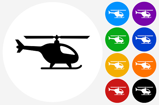 Helicopter Icon on Flat Color Circle Buttons. This 100% royalty free vector illustration features the main icon pictured in black inside a white circle. The alternative color options in blue, green, yellow, red, purple, indigo, orange and black are on the right of the icon and are arranged in two vertical columns.