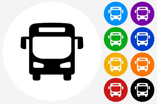 Bus Icon on Flat Color Circle Buttons. This 100% royalty free vector illustration features the main icon pictured in black inside a white circle. The alternative color options in blue, green, yellow, red, purple, indigo, orange and black are on the right of the icon and are arranged in two vertical columns.