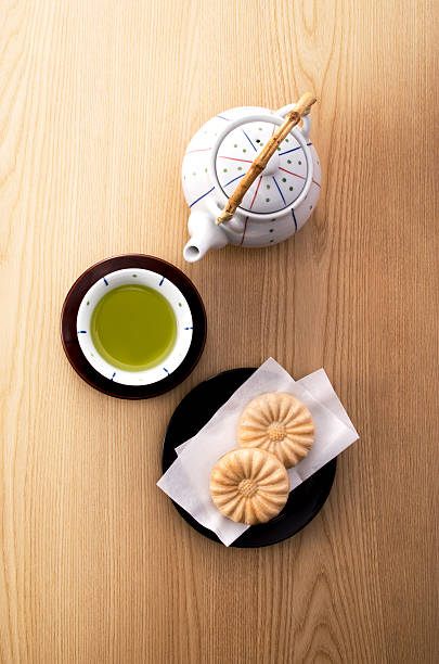 Japanese sweets called Monaka on wooden table