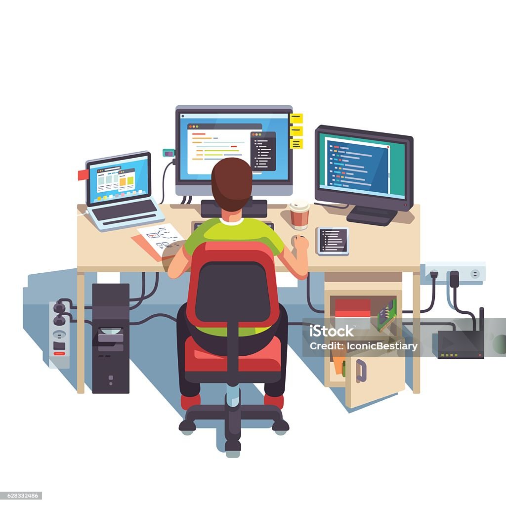 Professional programmer working Professional programmer working writing code at his big desk with multiple displays and laptop computer. Flat style color modern vector illustration. Computer Programmer stock vector