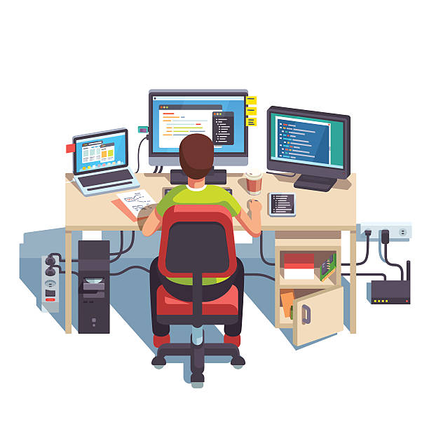 Professional programmer working Professional programmer working writing code at his big desk with multiple displays and laptop computer. Flat style color modern vector illustration. engineering illustrations stock illustrations