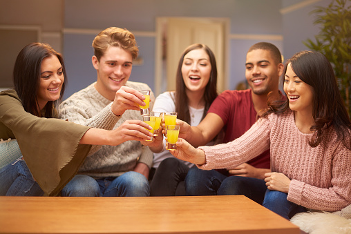 a group of young friends sit on the sofa and make a toast with their shot glasses , chatting and laughing with each other . They are having pre-drinks before going out clubbing .