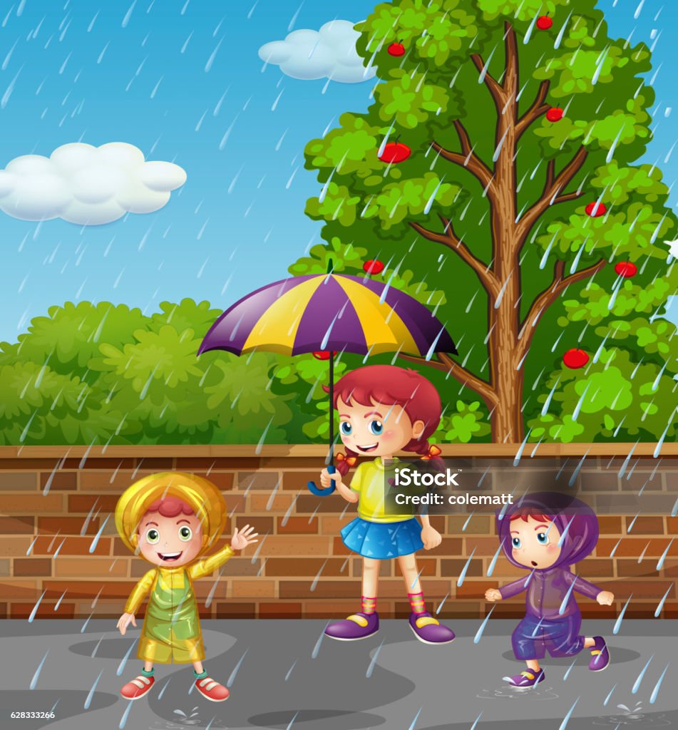 Rainy Season With Three Kids In The Rain Stock Illustration ...