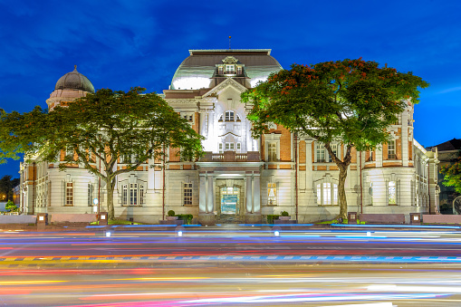 Tainan, Taiwan - August 20, 2016: Night view of National Museum of Taiwanese Literature. The museum researches, catalogs, preserves, and exhibits literary artifacts. As part of its multilingual, multi-ethnic focus, it holds a large collection of local works in Taiwanese, Japanese, Mandarin and Classical Chinese.