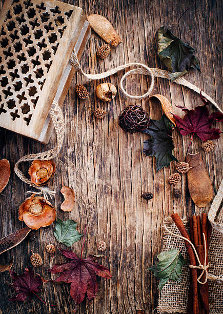 istock Autumn composition. Herbarium, casket and old laces over 628335312