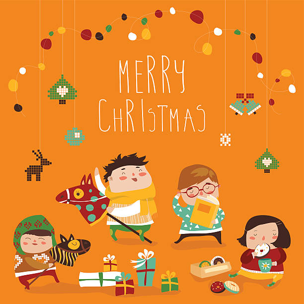 illustrazioni stock, clip art, cartoni animati e icone di tendenza di cartolina con bambini carini, dolci e regali di natale - christmas child
