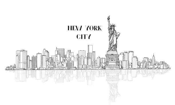 illustrazioni stock, clip art, cartoni animati e icone di tendenza di lo skyline di new york, negli stati uniti, disegna la silhouette della città con il monumento alla libertà. - american culture liberty usa statue