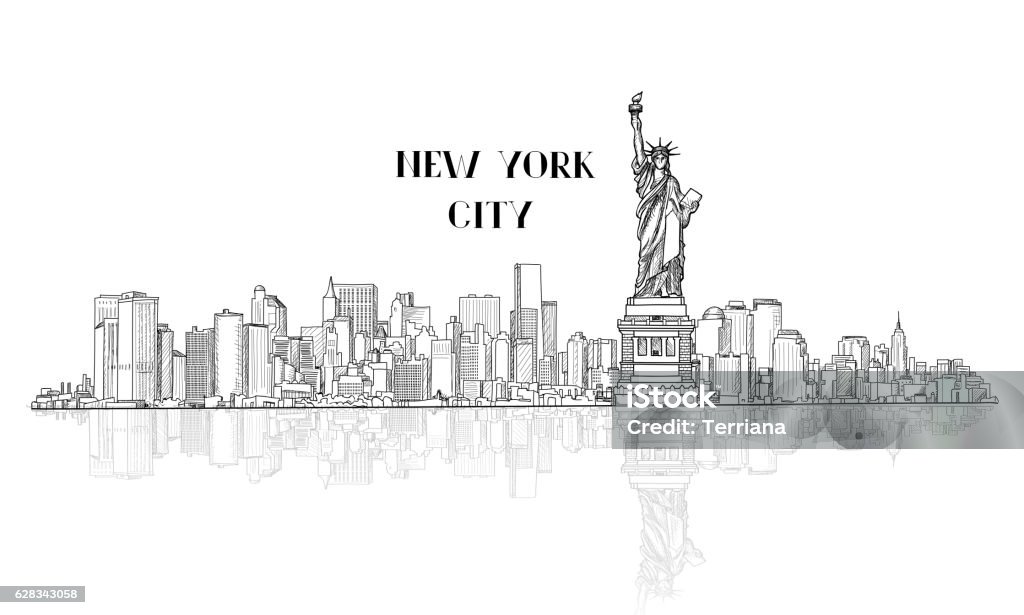 New-York, USA skyline sketch city silhouette with Liberty monument. New York, USA skyline sketch. NYC city silhouette with Liberty monument. American landmarks. Urban  architectural landscape. Cityscape with famous buildings New York City stock vector