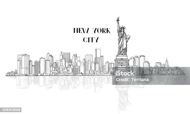 Newyork Usa Skyline Sketch City Silhouette With Liberty Monument Stock Illustration - Download Image Now