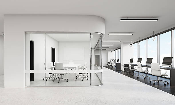 istock Front view of office with rounded corners conference room 628346158