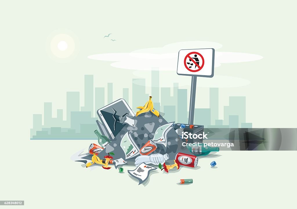 Littering Garbage Trash Stack on the Street Road Vector illustration of littering waste pile that have been disposed improperly, without consent, at an inappropriate location around on the street exterior with city skyscrapers skyline in the background. Trash is fallen on the ground and creates a big stack, cartoon style. Garbage stock vector