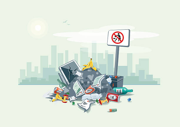 Littering Garbage Trash Stack on the Street Road Vector illustration of littering waste pile that have been disposed improperly, without consent, at an inappropriate location around on the street exterior with city skyscrapers skyline in the background. Trash is fallen on the ground and creates a big stack, cartoon style. trash illustrations stock illustrations