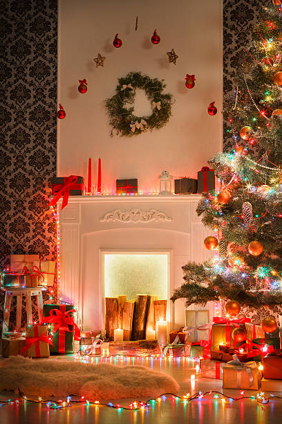istock Christmas room interior design, decorated tree in garland lights 628348500