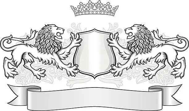 Vector illustration of Crest with two lions, crown and a shield