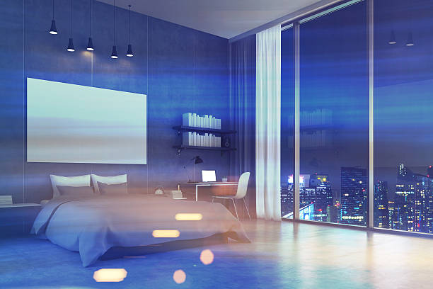 istock Bedroom with panoramic window and cityscape, toned 628356142
