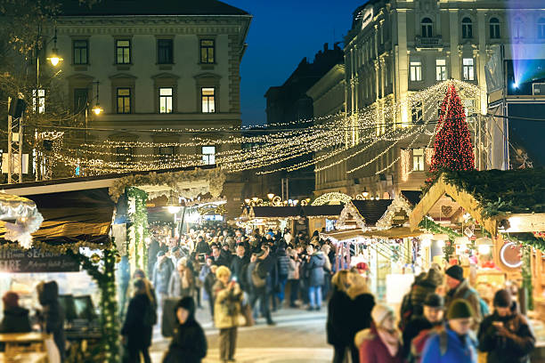 Christmas Market at St Stephen's Square in Budapest at night stock photo