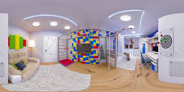 sferico 360 panorama senza soluzione di continuità della stanza dei bambini - bedroom nursery domestic room playroom foto e immagini stock
