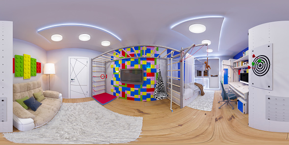 3d illustration spherical 360 degrees, seamless panorama of children's room interior design. Design a child's room for a boy in bright color tones