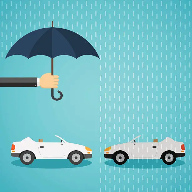 Vector illustration of Hand with an umbrella that protects the car.
