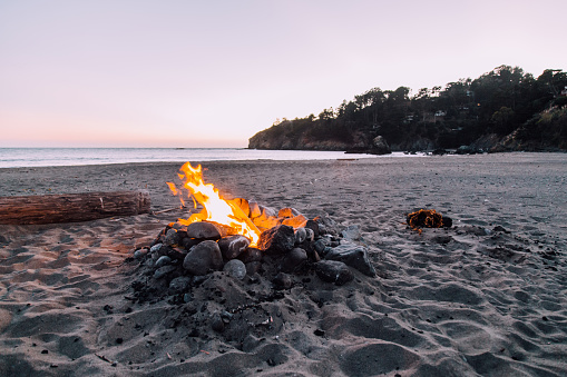 Bonfire, stones, beach, ocean, place to sit