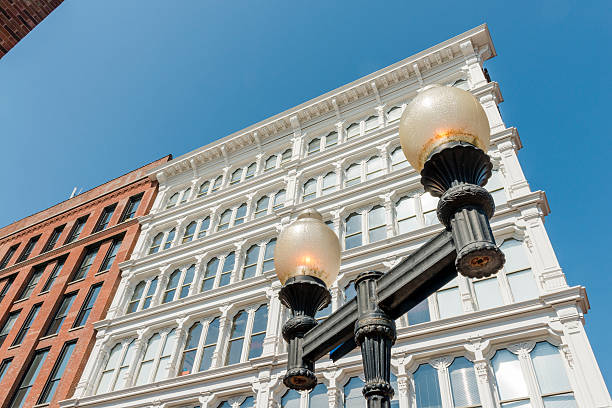 Architectural details on brick buildings within the city of Boston Massachusetts in the late afternoon sun.
