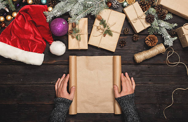 istock Male hand holding blank paper with Christmas items 628362494