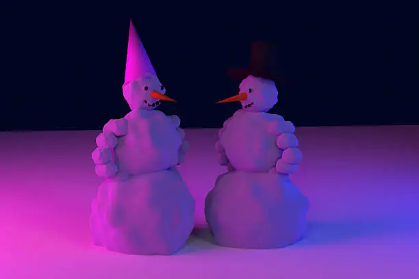 3D rendering of a snowman and a snowwoman in pink and light blue light